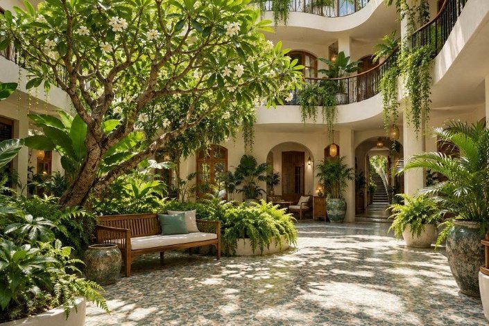 Курорт Нячанг &mdash; boutique hotel с тропическим двориком, деревом франжипани и светлыми балконами
