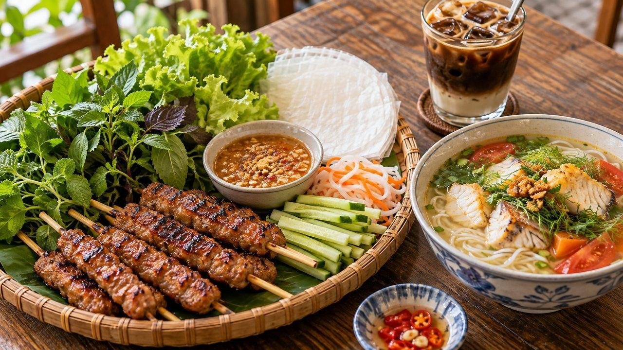 Вьетнамская жареная свинина с зеленью и рисовой бумагой, рыбный суп с лапшой и кофе со льдом.