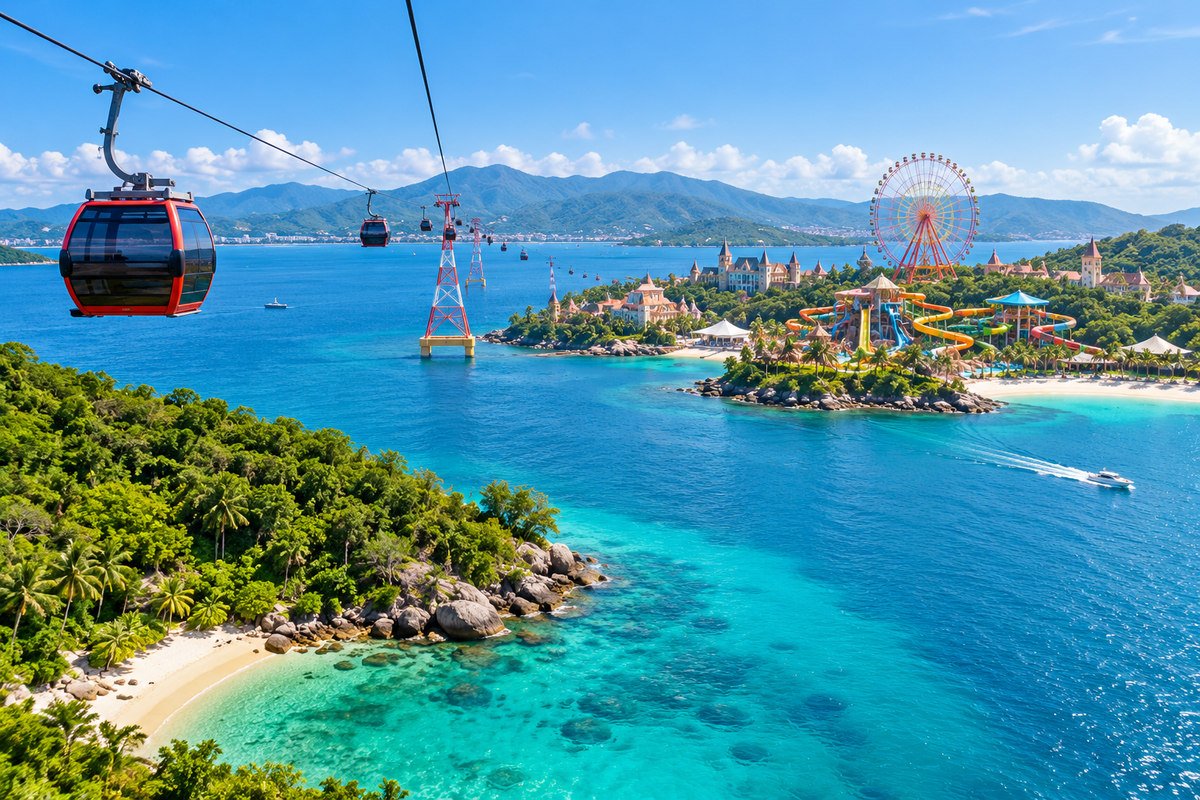 Концепция островного парка в духе VinWonders Nha Trang: канатная дорога над бухтой, колесо обозрения и водные горки.