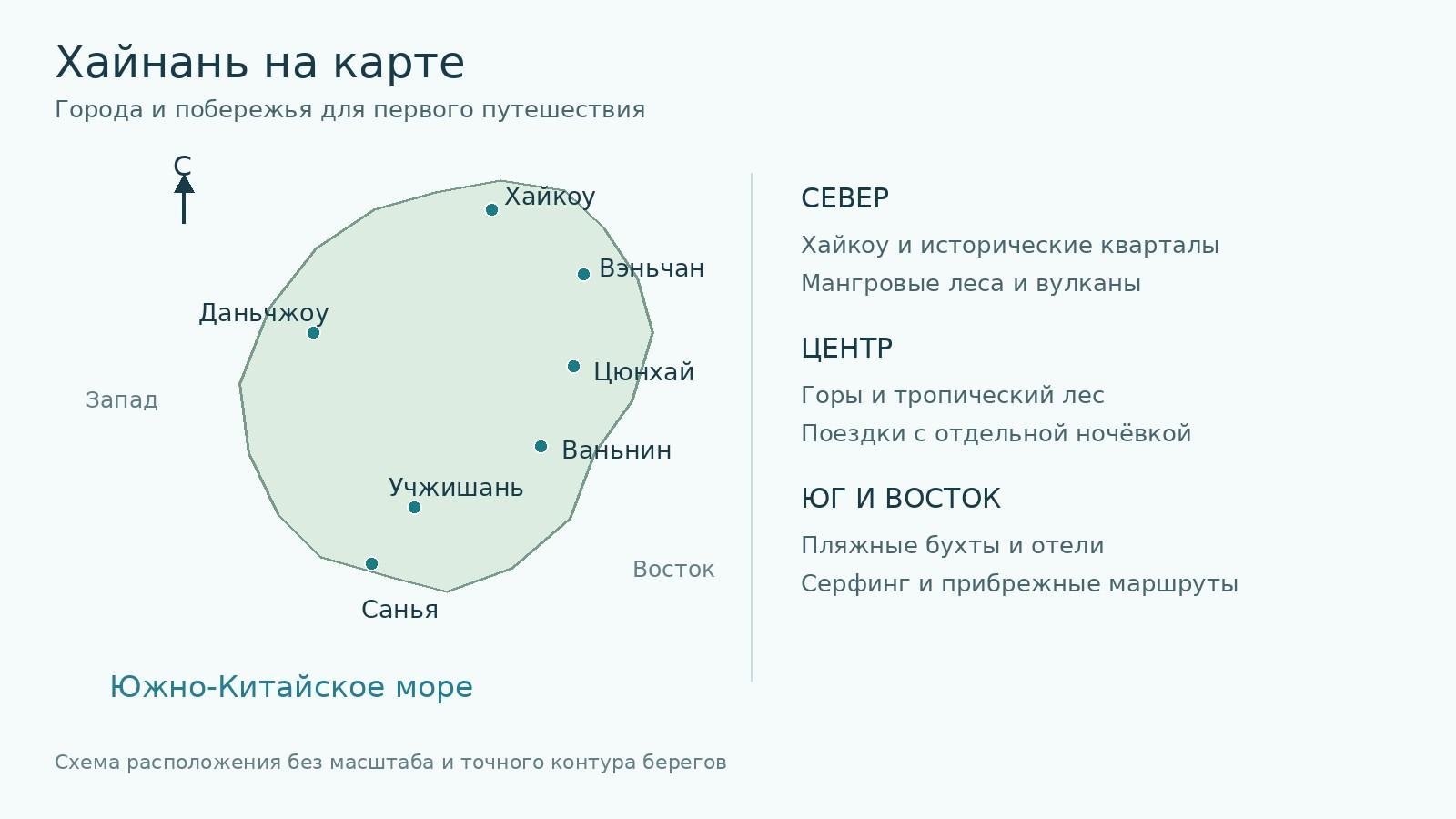 Хайнань на карте &mdash; схема расположения городов и туристических побережий острова