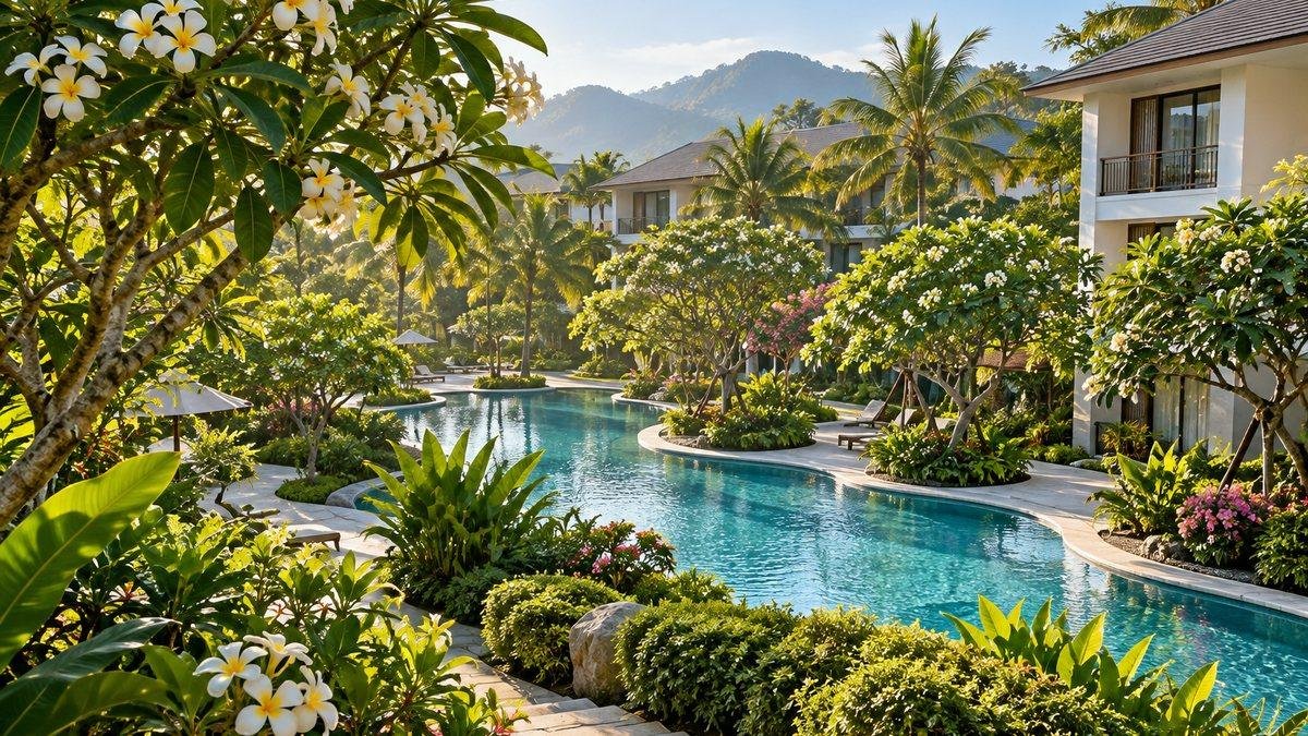 Хайнань &mdash; отели для отдыха с бассейном среди цветущих тропических деревьев