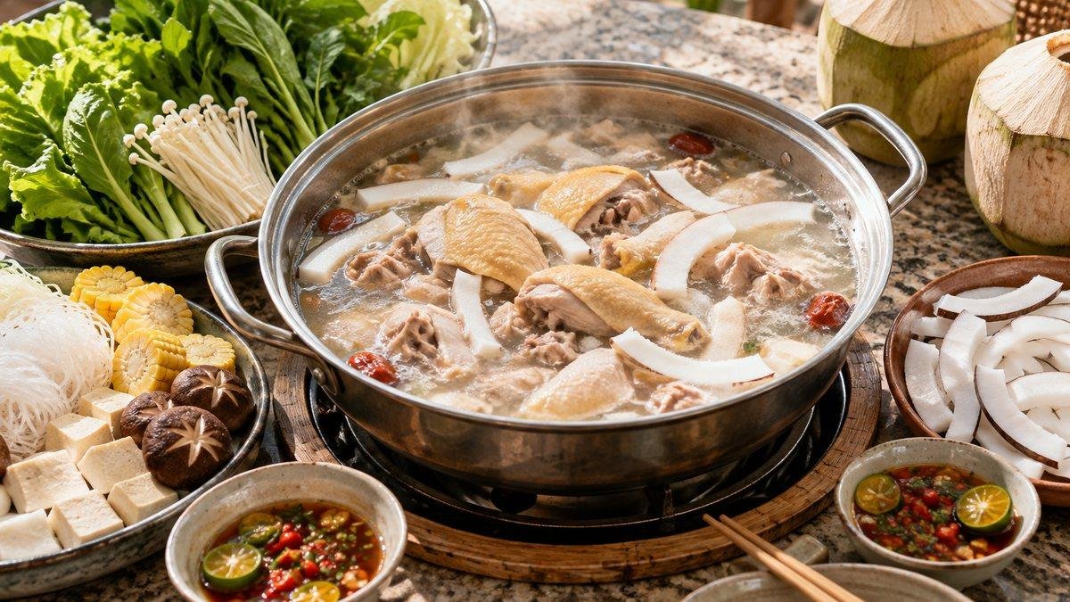Хайнань &mdash; местная еда с кокосовым хотпотом из курицы и соусами